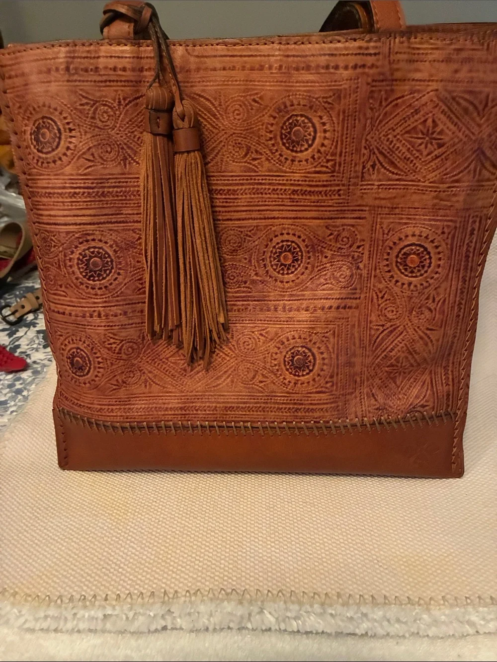 Patricia Nash cognac Embossed LeatherTassel Tote Excellent pre-loved condition